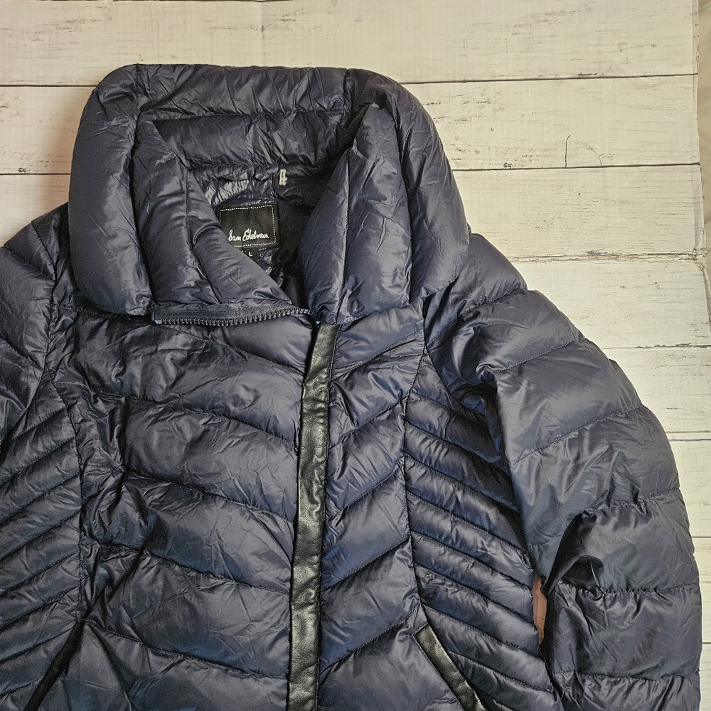 Sam Edleman Asymmetrical Chevron Quilted Down Coat Women's L Navy & Faux Leather - Picture 3 of 15